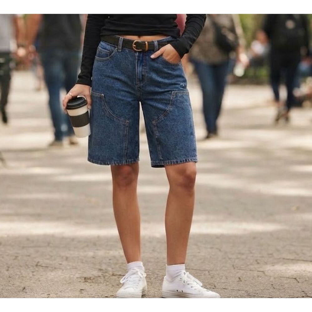 Edikted Jacqui Low Rise Denim Bermuda Shorts Womens L NWT Blue Washed